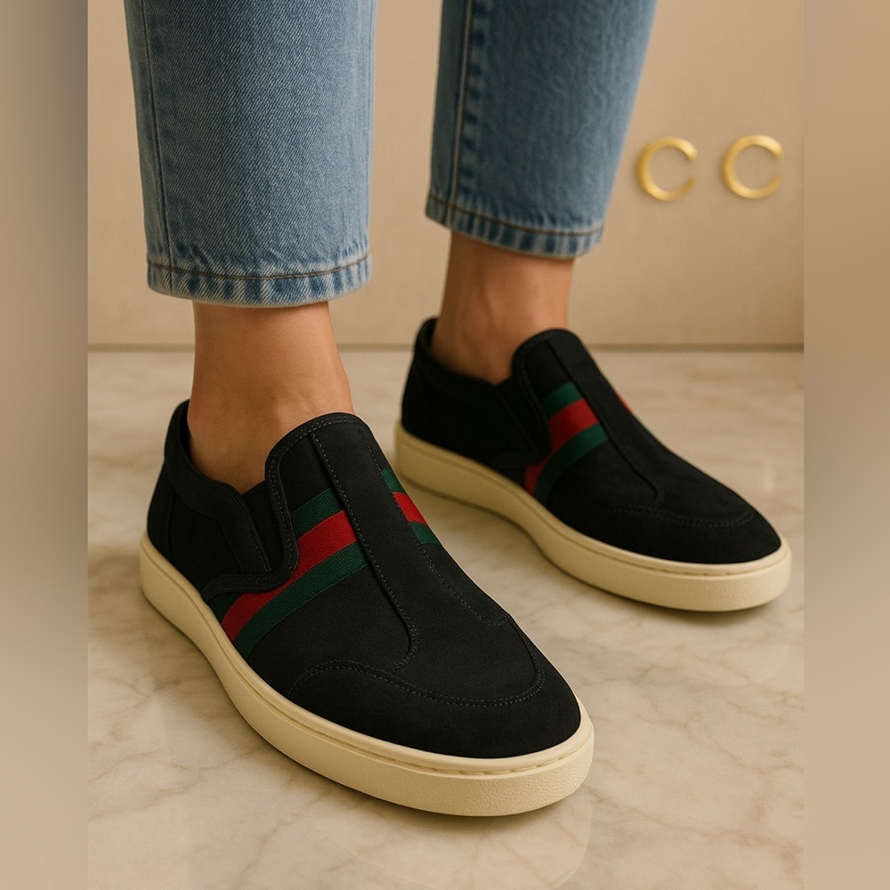 Gucci Black Suede Web Stripe Slip-On Sneakers Size 7.5 - Picture 11 of 15